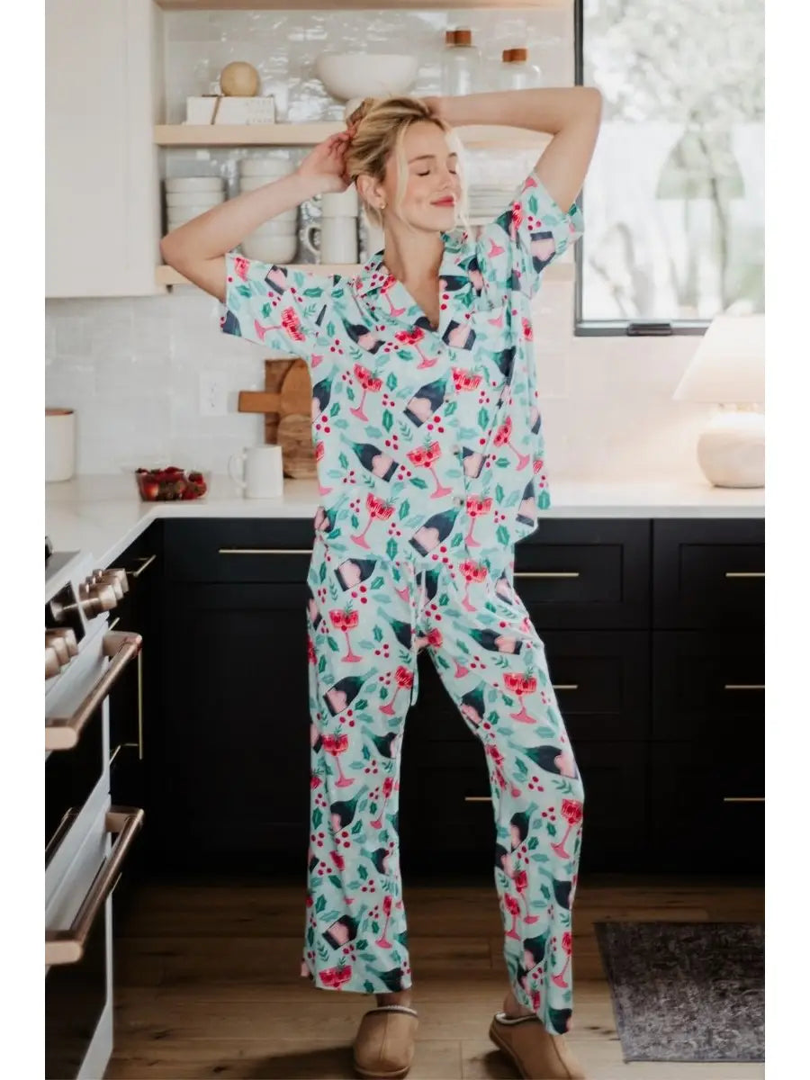 Christmas Champagne, Coupes & Holly Matching Holiday Pjs
