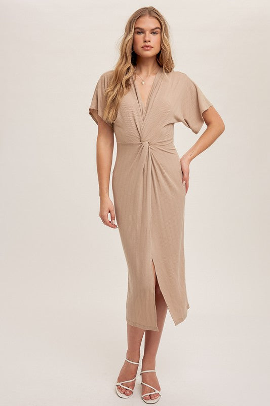 Twisted Front Kimono Sleeve Midi Rib Dress Small