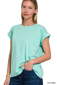 Short Sleeve Round Neck Folded Sleeve T-Shirt