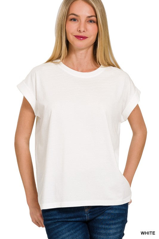 Short Sleeve Round Neck Folded Sleeve T-Shirt