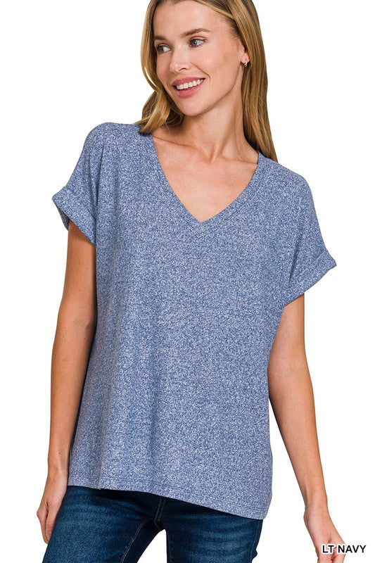 Short Sleeve Hacci Melange V-Neck T-Shirt