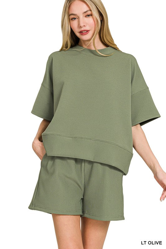 Ribbed Round Neck Waist Banded Tee & Shorts