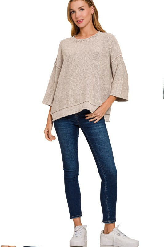 Washed 3/4 Sleeve Boxy Sweater