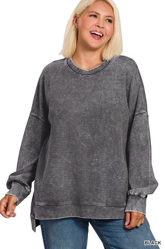 Acid Washed Double Ribbed Hi-low Plus Pullover
