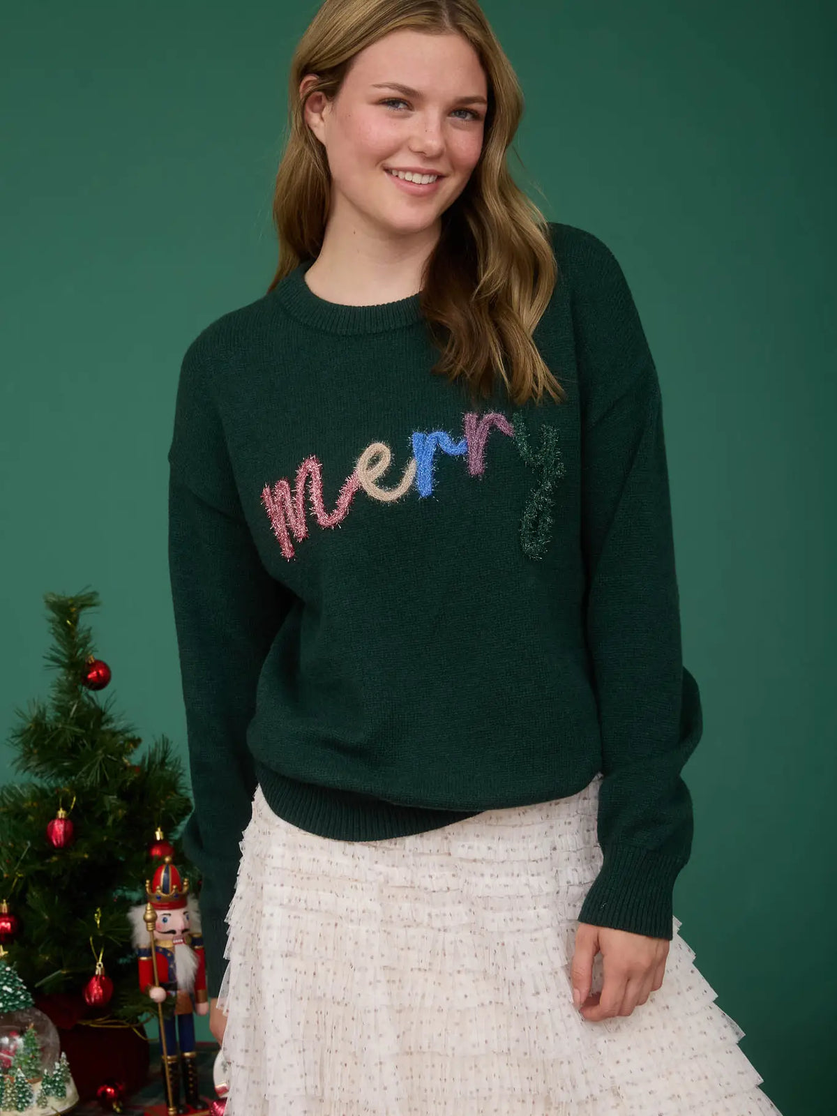 Merry Tinsel Graphic Crew Neck Pullover Sweater