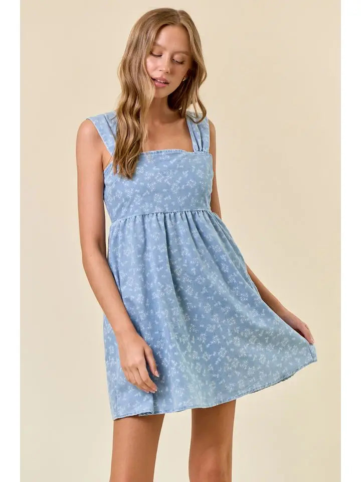 Floral Chambray Denim Mini Dress Small