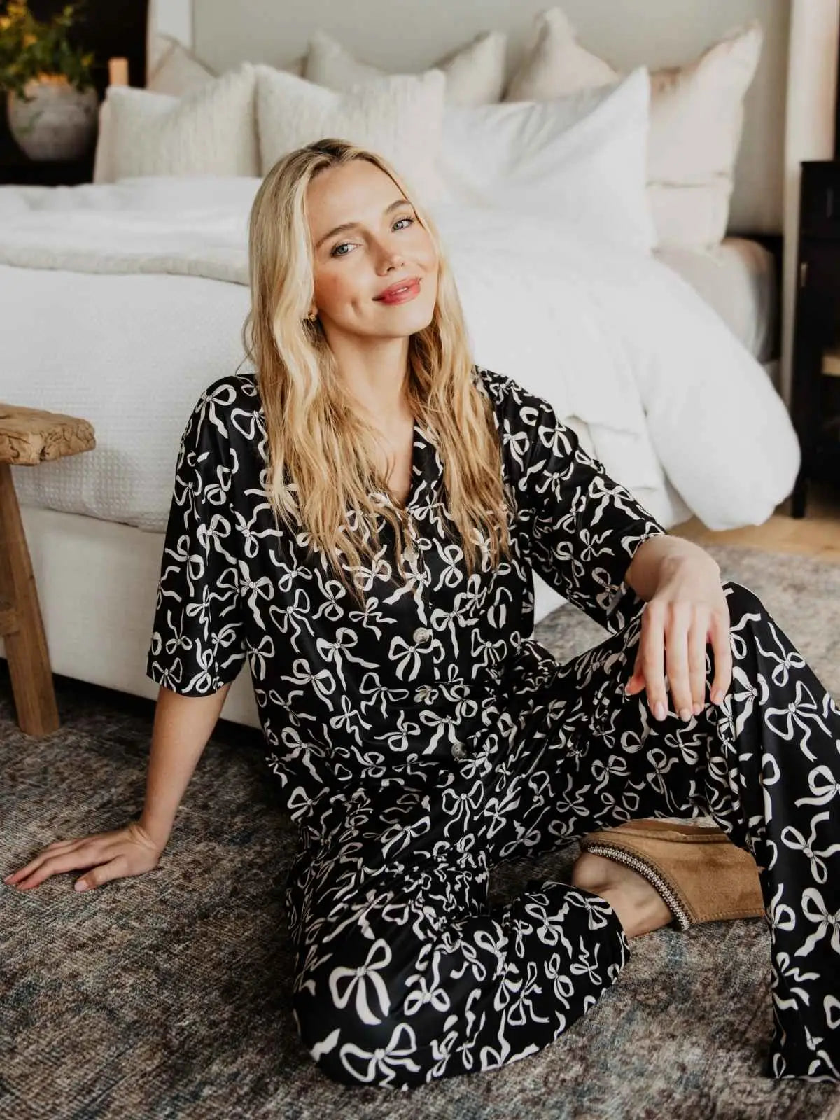 Black Bow Print Pj Pants Set