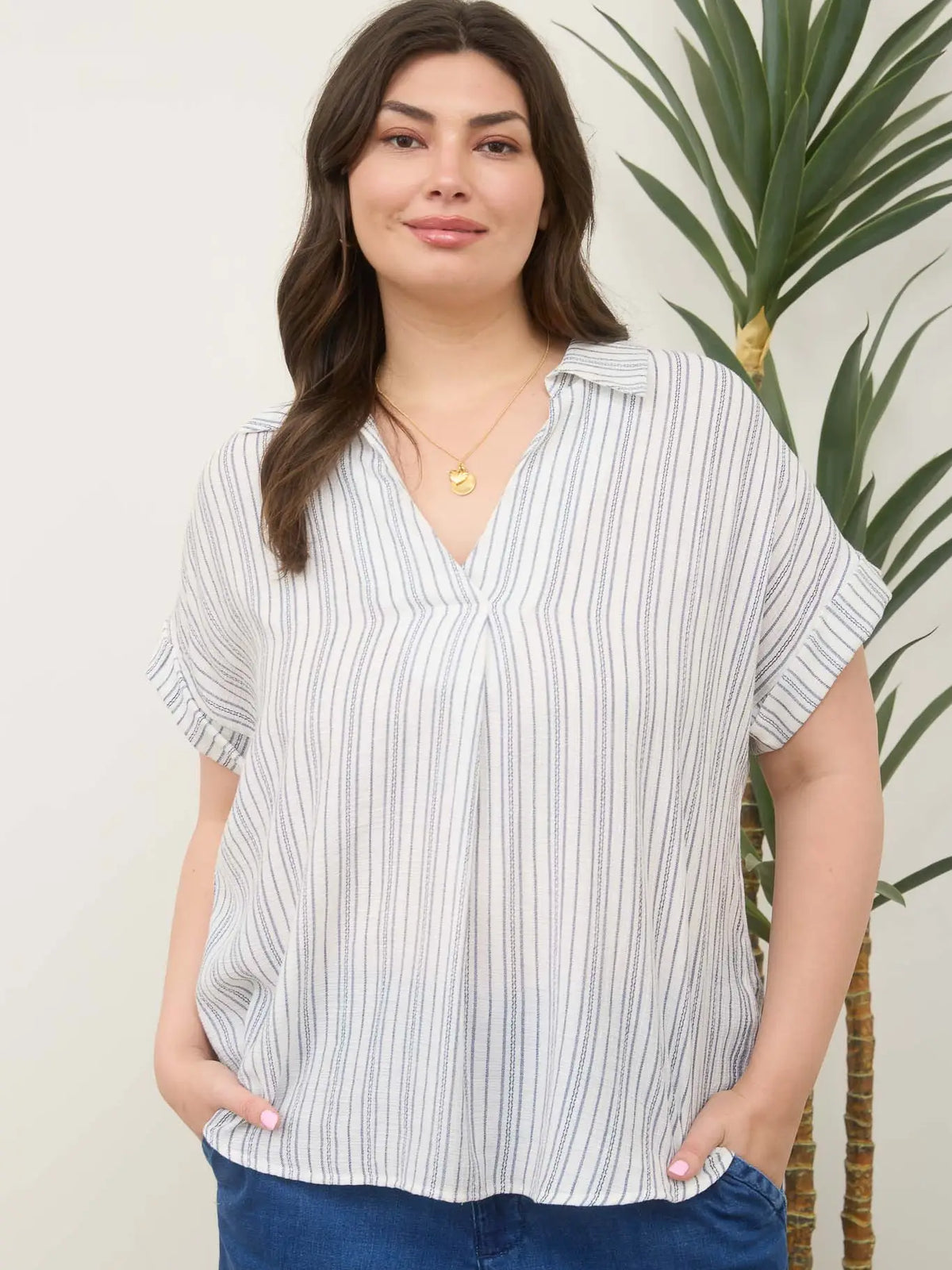 Stripe Collared Pintuck Plus Detail Shirt