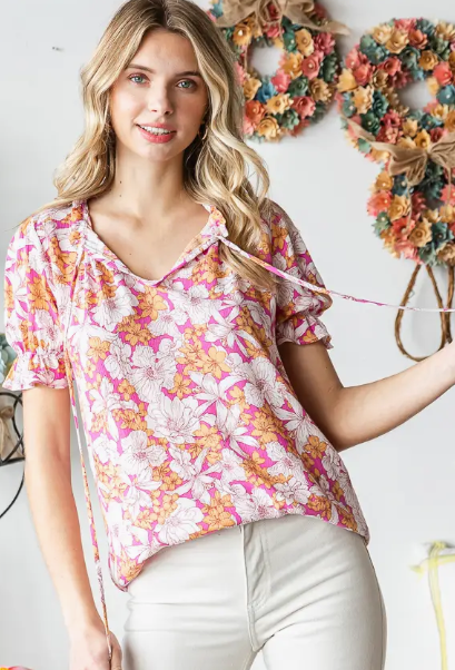 Short Sleeve Ruffle Floral Top