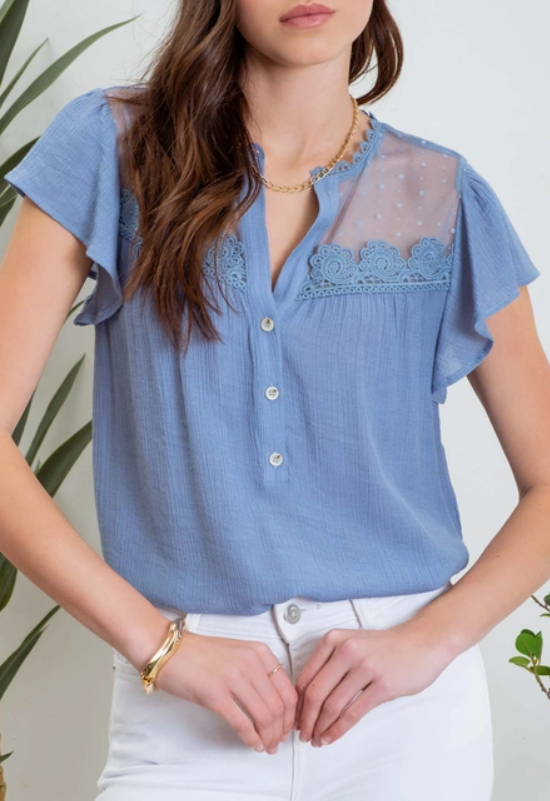 Split Neck Button Down Sheer Lace Yoke Blouse