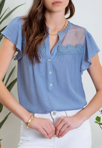 Split Neck Button Down Sheer Lace Yoke Blouse