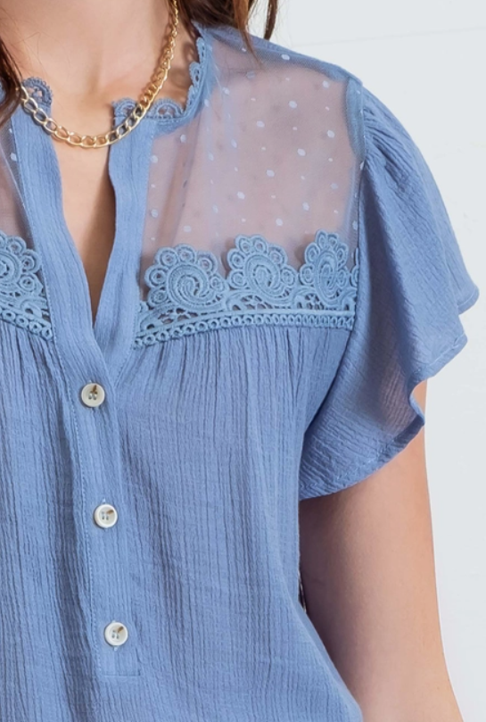 Split Neck Button Down Sheer Lace Yoke Blouse