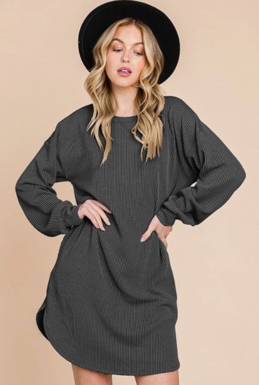 Puff Sleeve Solid Midi Plus Dress with Texture