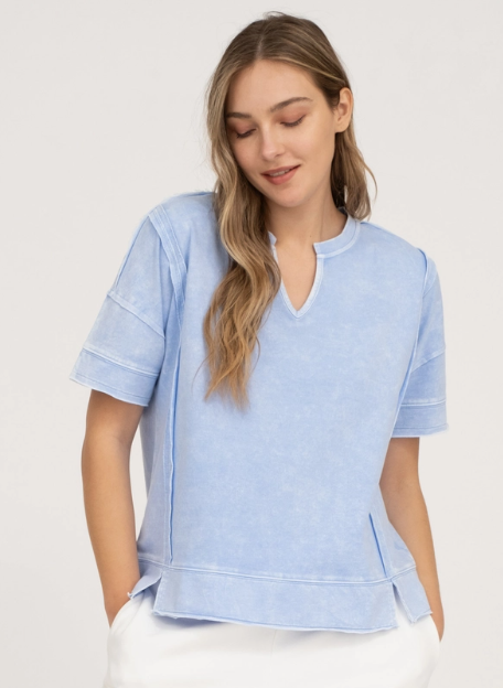 Washed Split Neck Patchwork Short Sleeve Knit Top