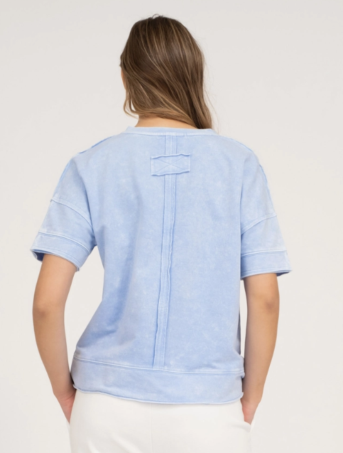 Washed Split Neck Patchwork Short Sleeve Knit Top