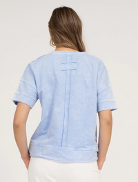 Washed Split Neck Patchwork Short Sleeve Knit Top