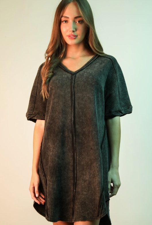 Mineral Washed Ribbed Knit Mini Plus Dress
