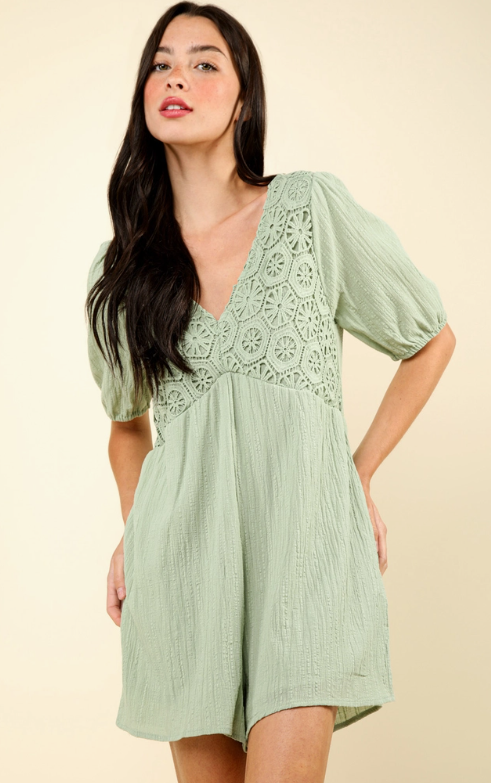 Lace Detail Puff Sleeve Solid Woven Romper