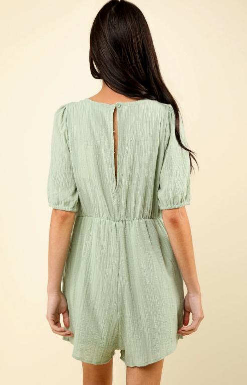 Lace Detail Puff Sleeve Solid Woven Romper