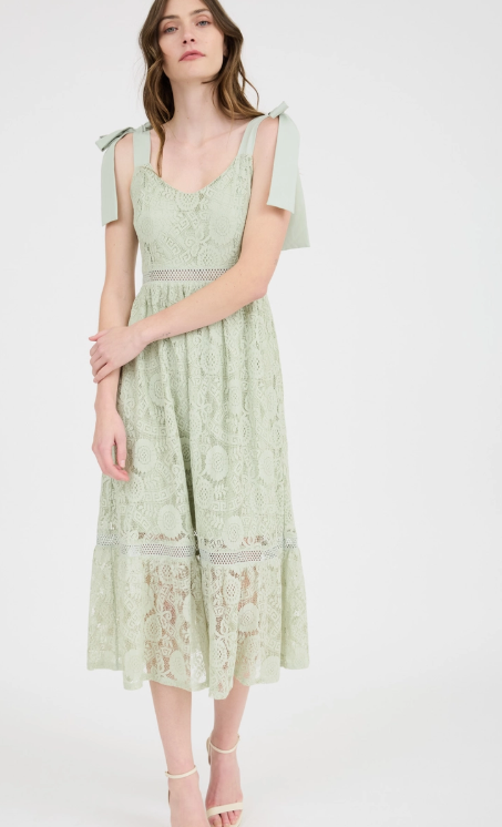 Lace Tie Strap Sheer Trim Sleeveless Midi Dress
