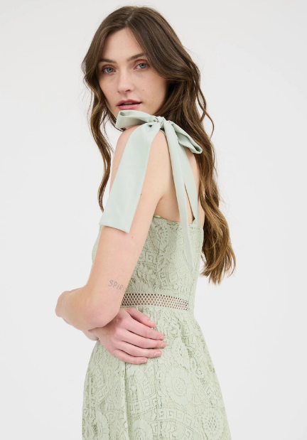 Lace Tie Strap Sheer Trim Sleeveless Midi Dress