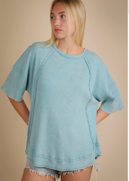 Mineral Washed Ribbed Knit Plus Casual Top