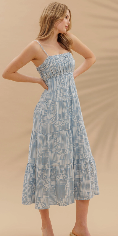 Abstract Print Empire Waist Tiered Midi Dress
