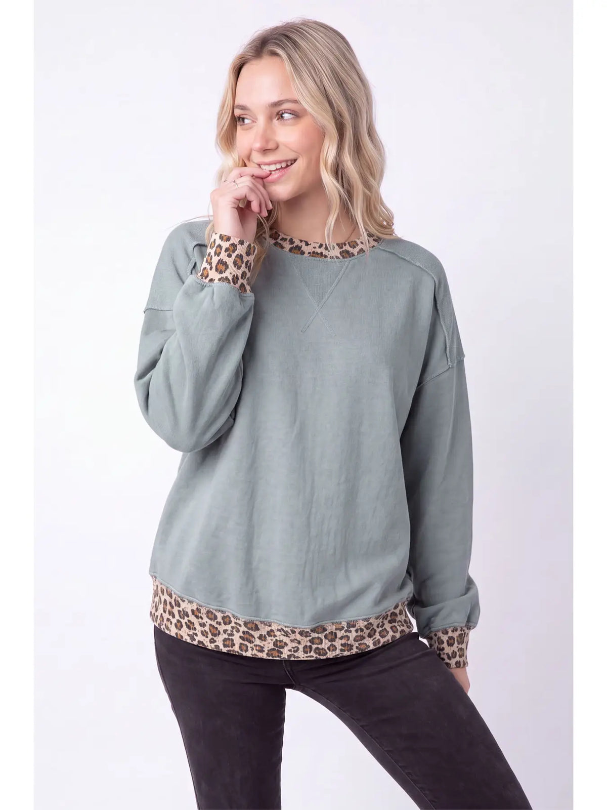 Leopard Contrast Trim French Terry Pullover Top