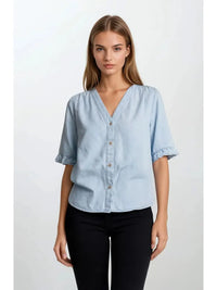 Denim V-Neck Mini Ruffle Detail Shirt