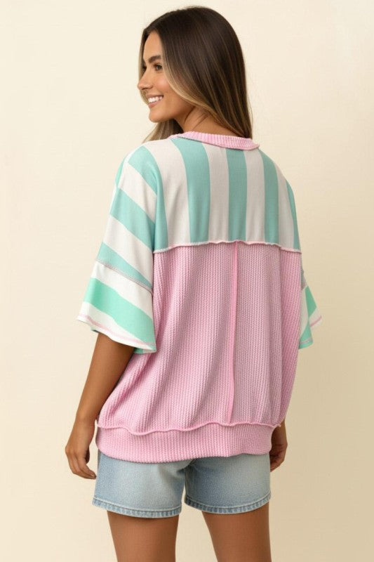 Flutter Elbow Sleeve Stripe French Terry Top