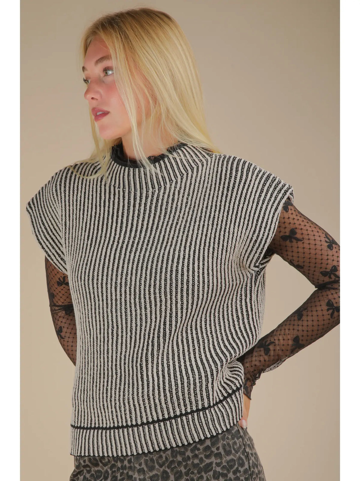 Two Tone Ribbed Knit Sweater Vest