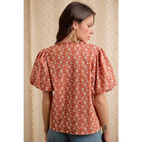 WOMEN RUST COTTON EYELET PUFF SLEEVE BLOUSE
