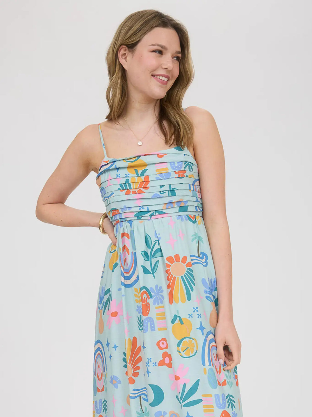 Print Pleated Back Bow Midi Dress