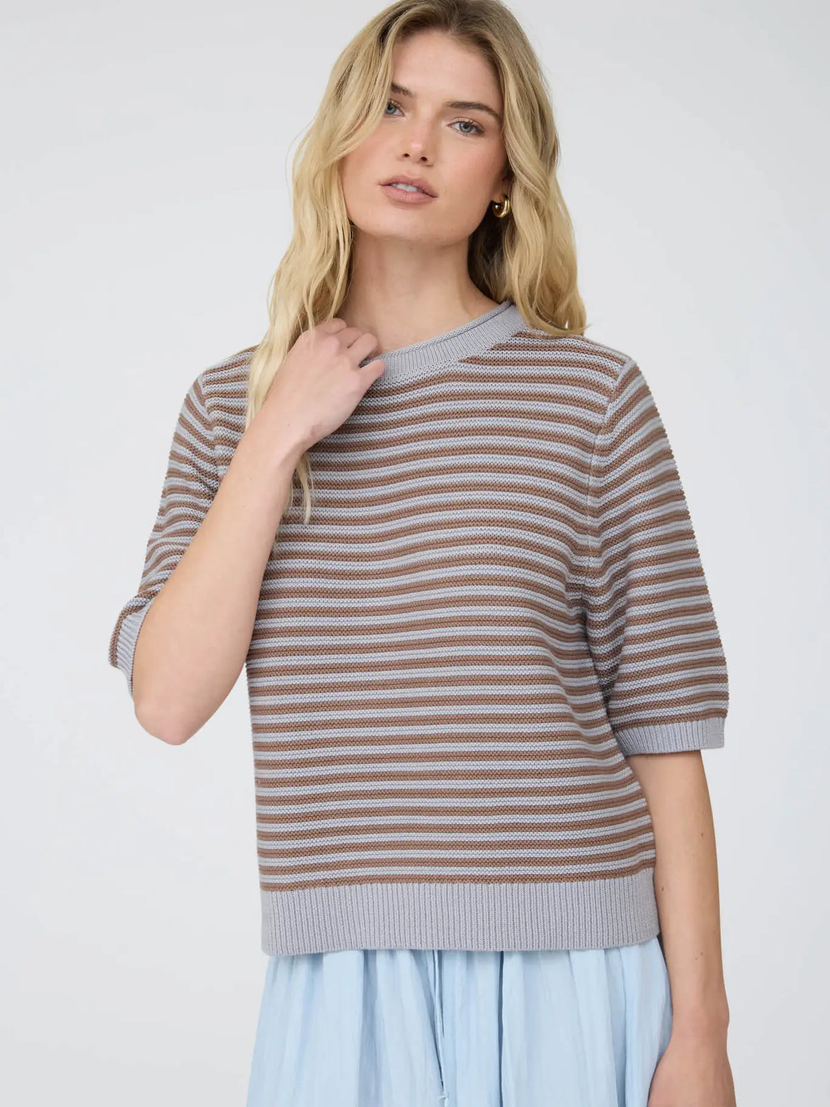 Textured Stripe Crew Neck Half Sleeve Sweater