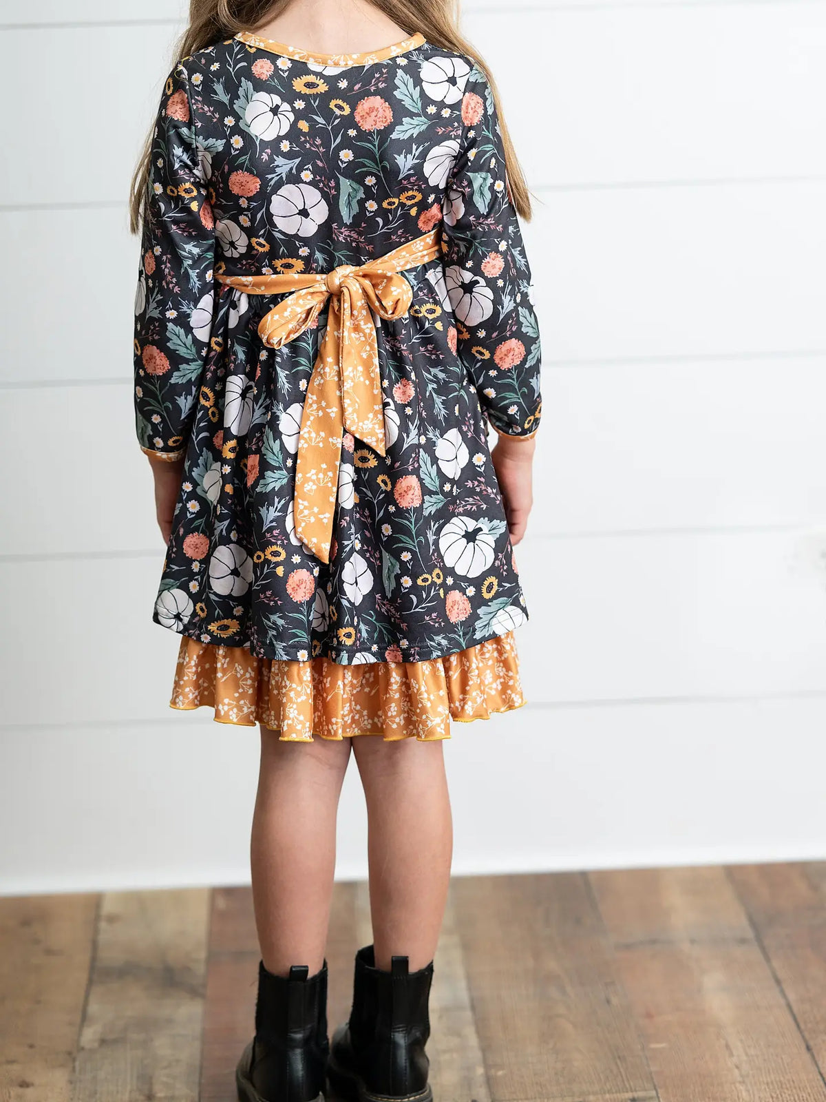 Pumpkin Ruffle Pocket Button Tie Fall Kids Dress
