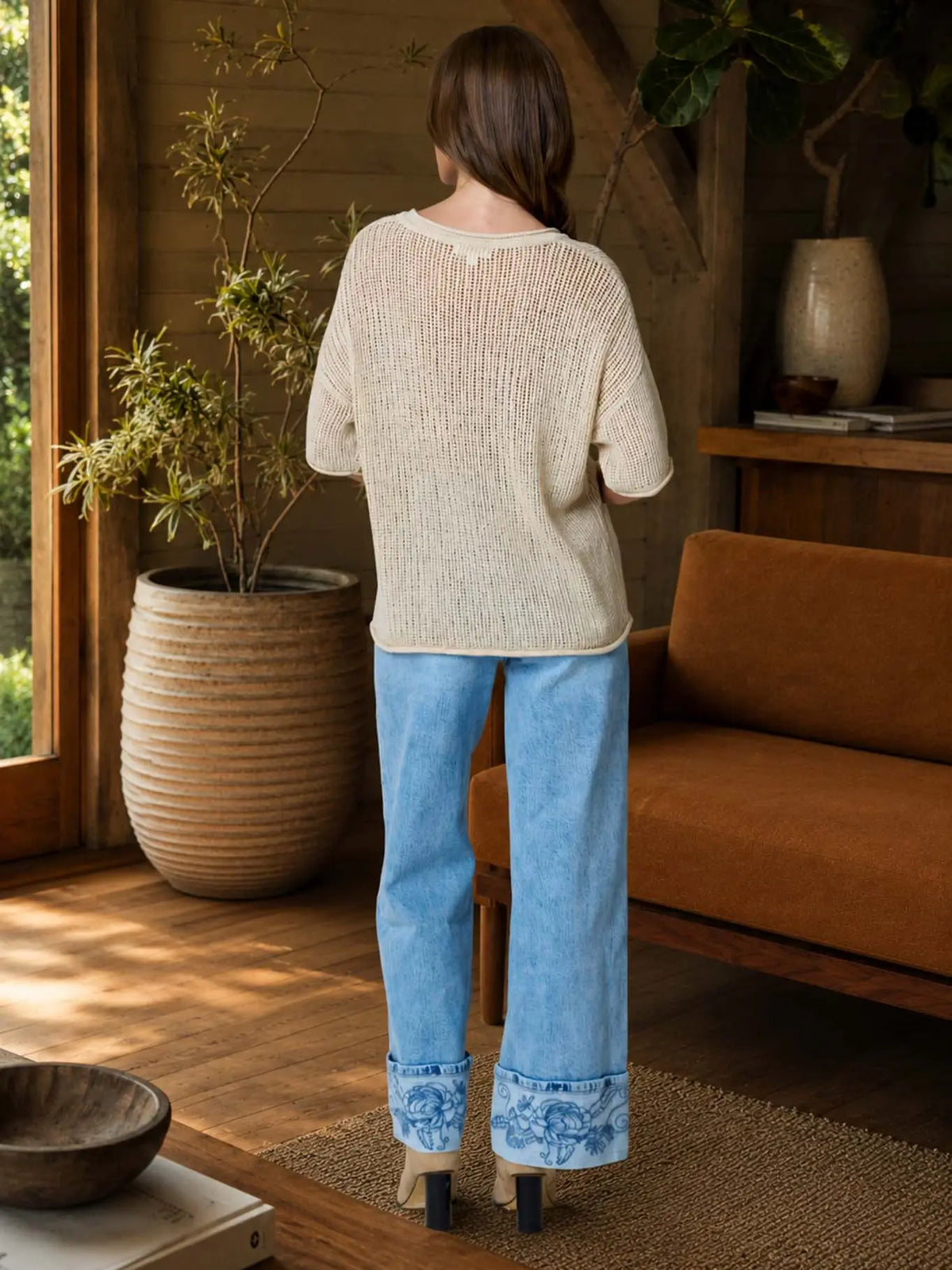 Split Neck Short Sleeve Sheer Crochet Knit Top