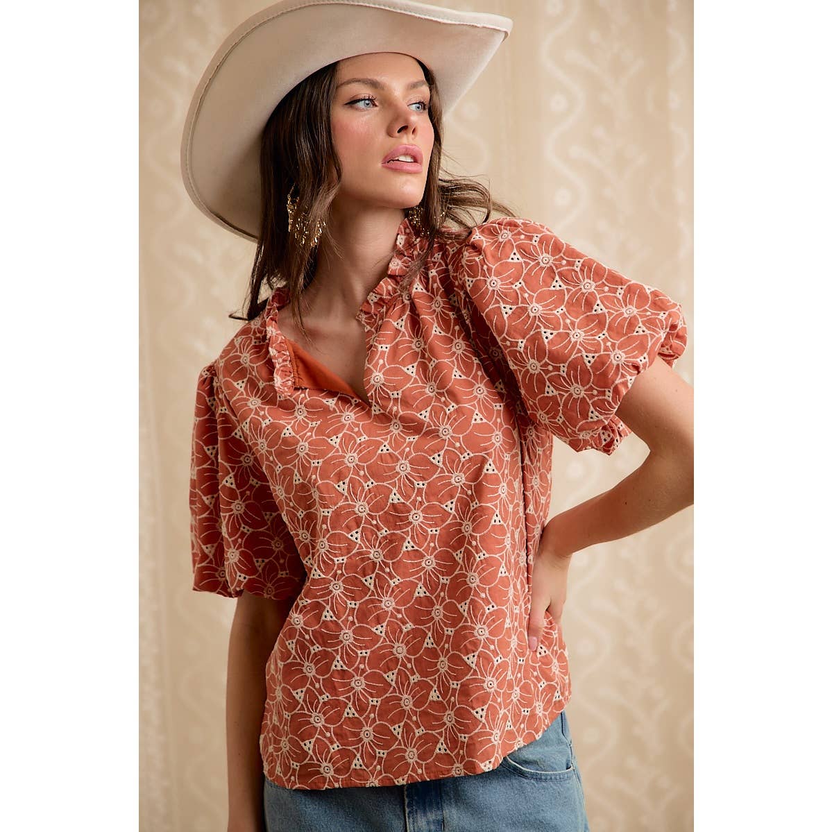 WOMEN RUST COTTON EYELET PUFF SLEEVE BLOUSE