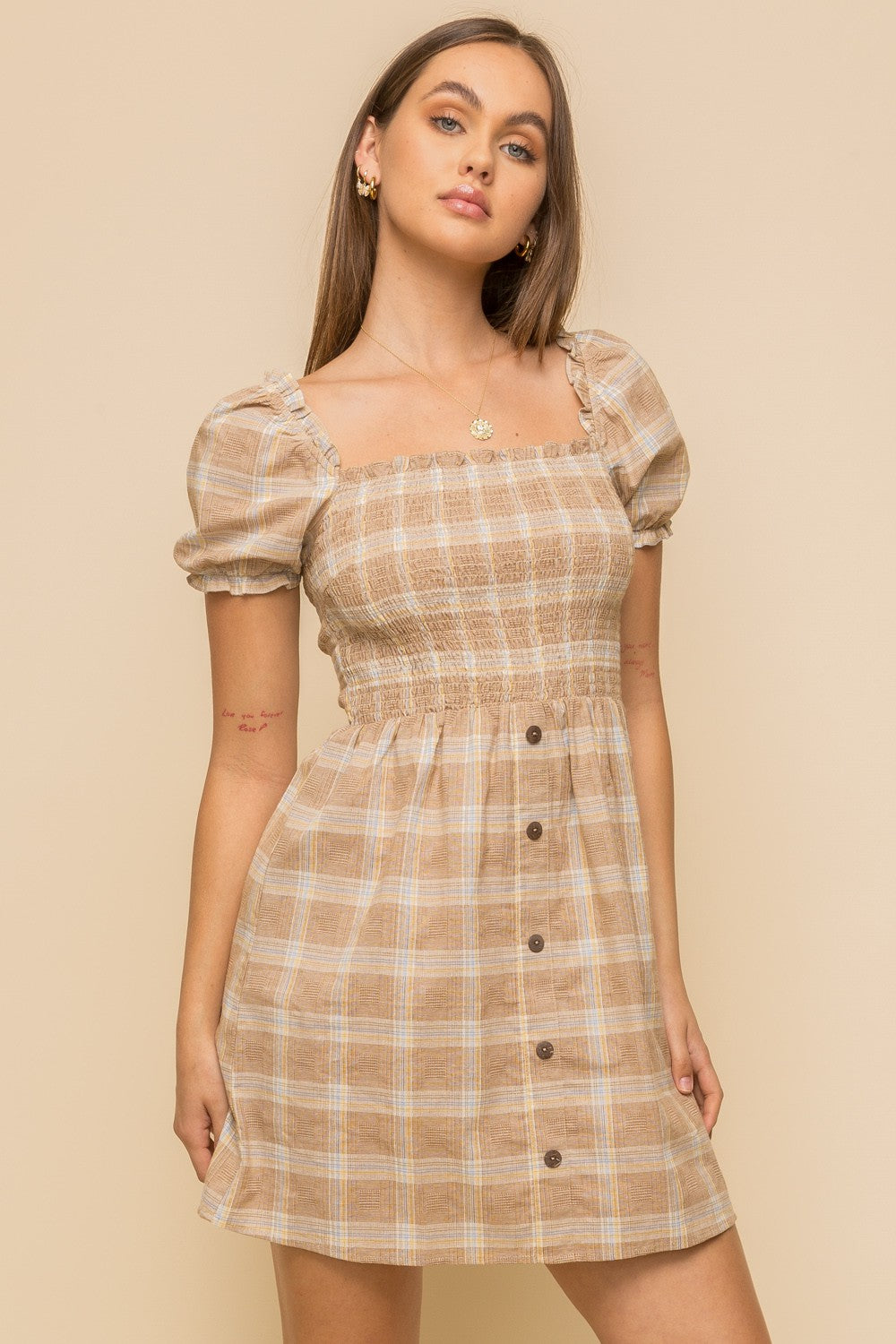 Puff Short Sleeve Smocked Button Front Mini Dress
