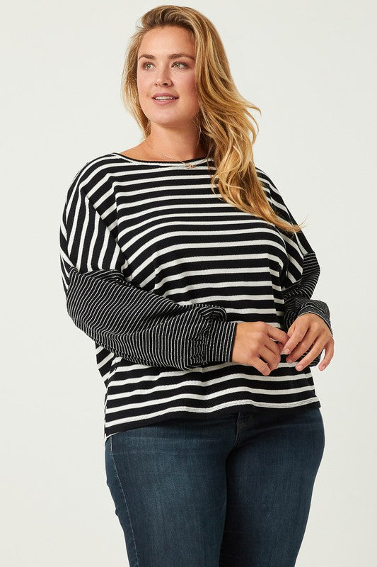 Contrast Stripe Sleeve Textured Knit Top