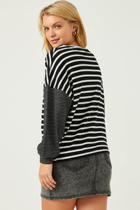 Contrast Stripe Sleeve Textured Knit Top