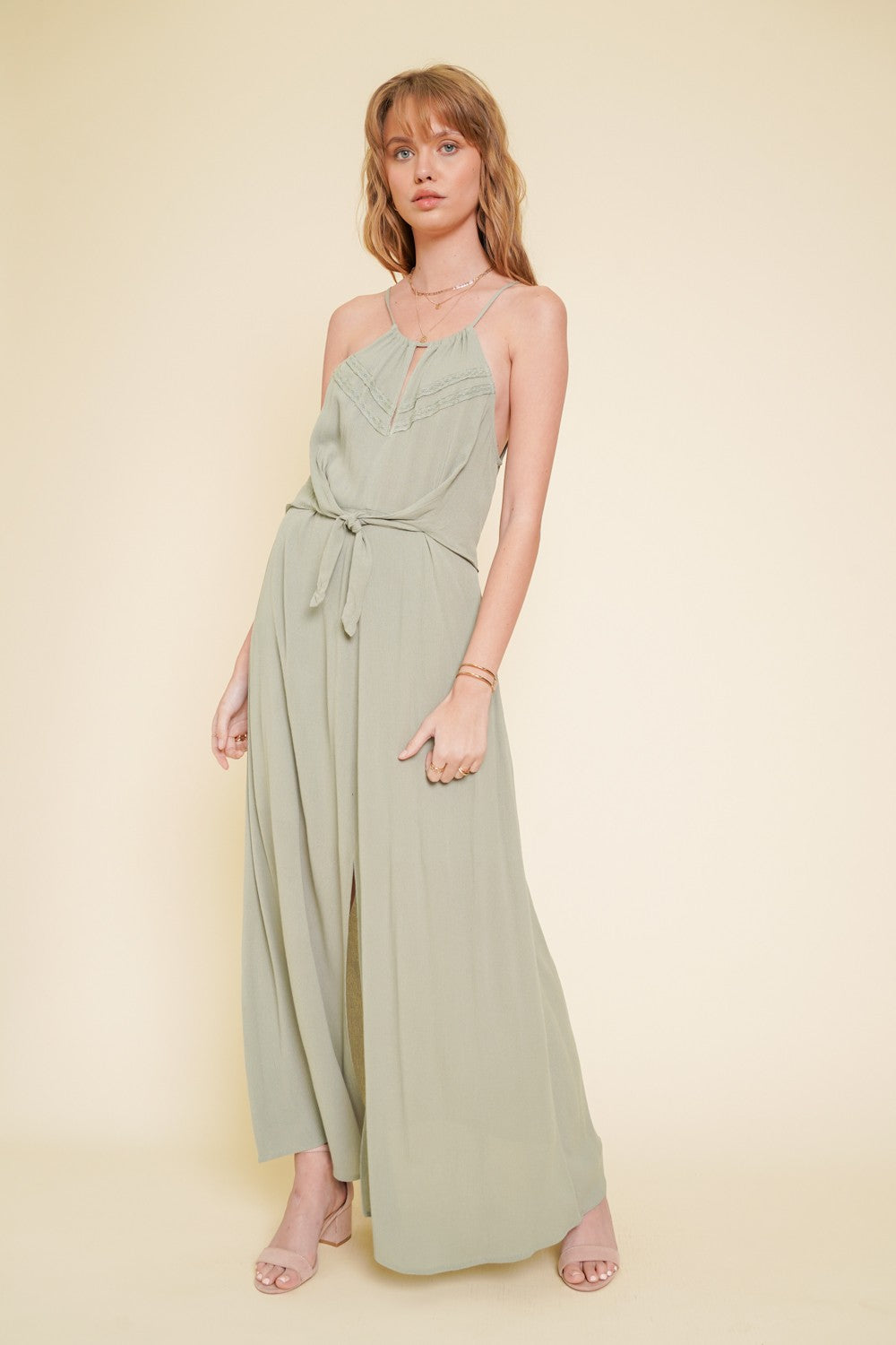 Front Waist Tie Center Slit Maxi Dress