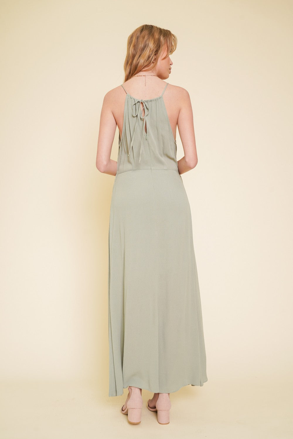 Front Waist Tie Center Slit Maxi Dress