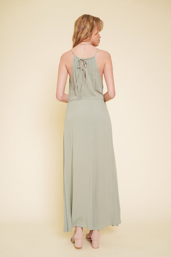 Front Waist Tie Center Slit Maxi Dress