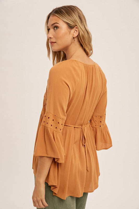 Eyelet Lace Peplum Back Tie Blouse