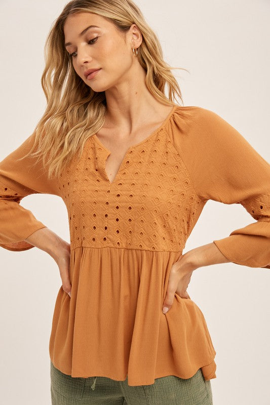 Eyelet Lace Peplum Back Tie Blouse