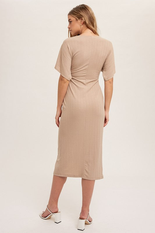 Twisted Front Kimono Sleeve Midi Rib Dress