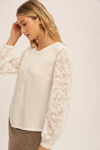 Floral Jacquard Chiffon Sleeve Twist Back Blouse
