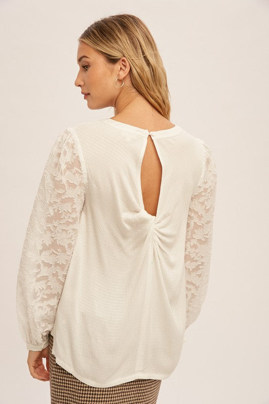 Floral Jacquard Chiffon Sleeve Twist Back Blouse