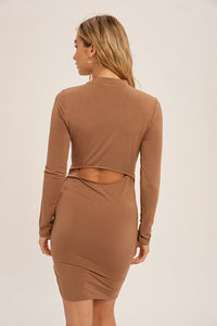 Mock Neck Ruched Cutout Back Dress