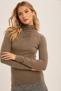 Shirring Mock Neck Fitted Sweater